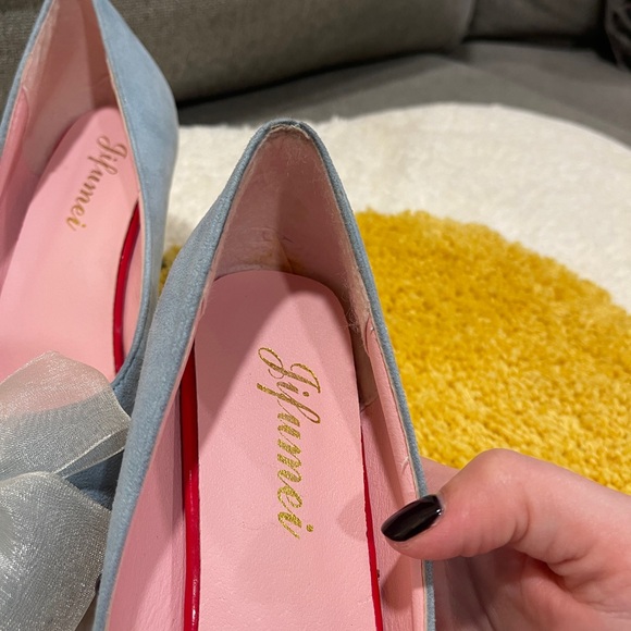 Light blue square heel with chiffon bow, Jifumei brand size 8 - Picture 10 of 12